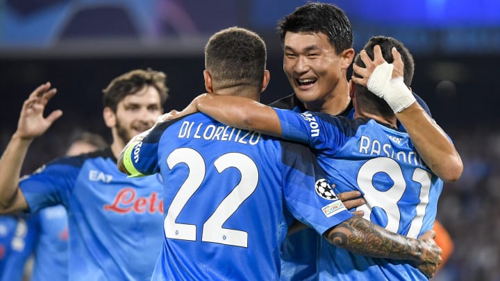 Giacomo Raspadori of SSC Napoli (r) celebrates with team...