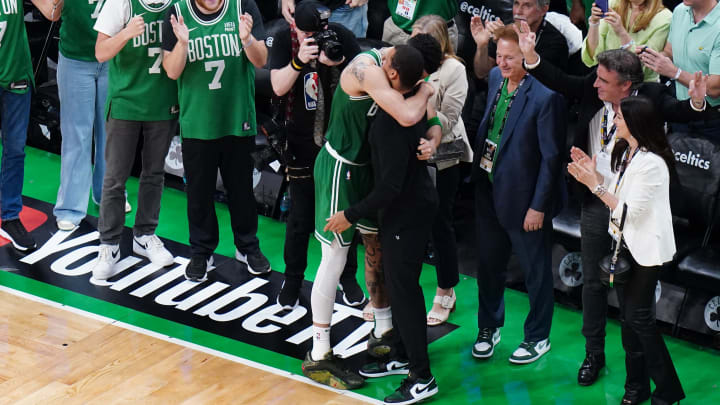 Jun 17, 2024; Boston, Massachusetts, USA; Boston Celtics forward Jayson Tatum (0) celebrates with head coach Joe Mazzulla after defeating the Dallas Mavericks in game five to win the 2024 NBA Finals at TD Garden. Mandatory Credit: David Butler II-USA TODAY Sports