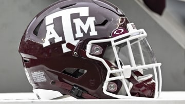 Sep 3, 2022; College Station, Texas, USA;  Texas A&M Aggies helmet on the sideline during the second half against the Sam Houston State Bearkats at Kyle Field. Mandatory Credit: Maria Lysaker-USA TODAY Sports