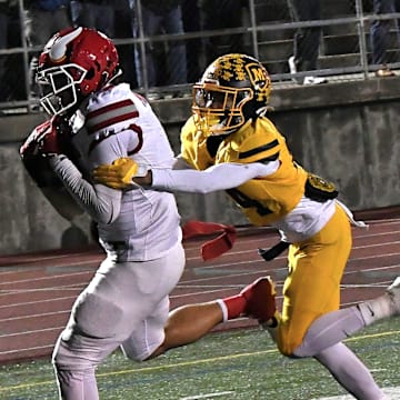 Landen Miree tucks in a touchdown catch for Princeton in the OHSAA Division I football regional semifinals Nov. 15, 2024, at Dwire Field Mason, Ohio.