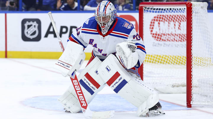 Apr 15, 2026; Tampa, Florida, USA; New York Rangers goaltender Dylan Garand (33) looks on against the Tampa Bay Lightning in the third period at Benchmark International Arena.