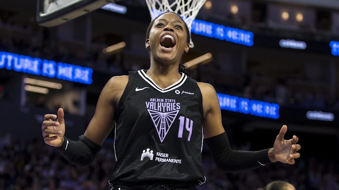 Jul 25, 2025; San Francisco, California, USA;  Golden State Valkyries center Temi Fagbenle (14) reacts after scoring against the Dallas Wings during the fourth quarter at Chase Center. Mandatory Credit: John Hefti-Imagn Images