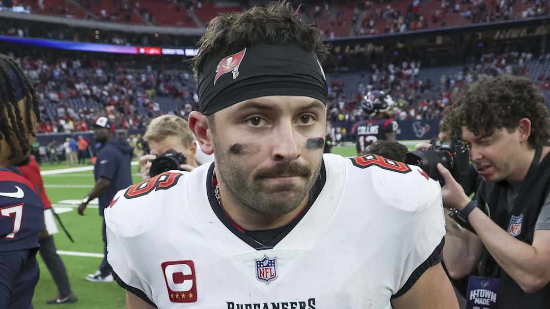 Nov 5, 2023; Houston, Texas, USA; Tampa Bay Buccaneers quarterback Baker Mayfield (6) walks on the field after the game against the Houston Texans at NRG Stadium. Mandatory Credit: Troy Taormina-Imagn Images