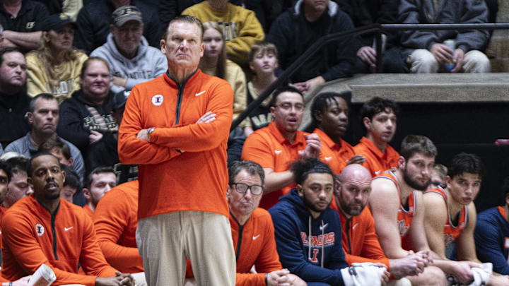 Jan 24, 2026; West Lafayette, Indiana, USA; Illinois Fighting Illini head coach Brad Underwood looks at a referee during the first half of a game against the Purdue Boilermakers at Mackey Arena. Mandatory Credit: Jacob Musselman-Imagn Images