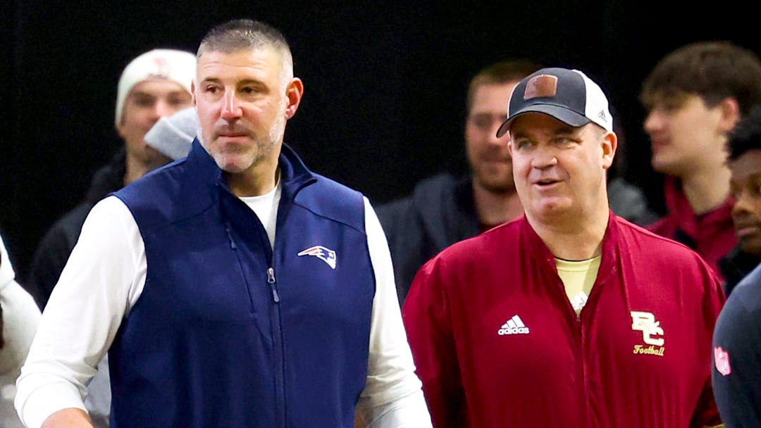 Boston College football head coach Bill O’Brien and New England Patriots head coach Mike Vrabel at Boston College pro day.