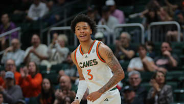 Dec 21, 2024; Coral Gables, Florida, USA; Miami Hurricanes guard Jalil Bethea (3) reacts after scoring against the Mount St. Mary's Mountaineers during the first half at Watsco Center. Mandatory Credit: Sam Navarro-Imagn Images