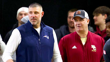 Boston College football head coach Bill O’Brien and New England Patriots head coach Mike Vrabel at Boston College pro day.