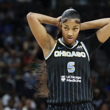 Aug 25, 2024; Chicago, Illinois, USA; Chicago Sky forward Angel Reese (5) walks on the court during the first half at Wintrust Arena.