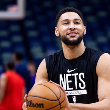 Jan 6, 2023; New Orleans, Louisiana, USA;  Brooklyn Nets guard Ben Simmons (10) during warm ups before the game against the New Orleans Pelicans at Smoothie King Center. Mandatory Credit: Stephen Lew-Imagn Images