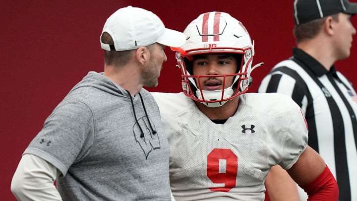 Wisconsin safety Austin Brown (9) is shown during spring football practice Thursday, April 25, 2024 in Madison, Wisconsin. The Wisconsin Badgers football team plays their season opener against Western Michigan on August 30.