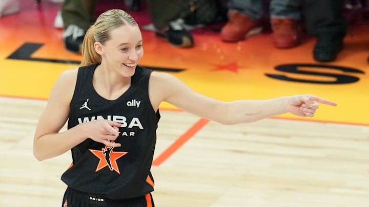 Dallas Wings' Paige Bueckers (5) reacts after a basket Saturday, July 19, 2025, during the WNBA All-Star Game at Gainbridge Fieldhouse in Indianapolis. Dallas Wings' Paige Bueckers (5) reacts after a basket Saturday, July 19, 2025, during the WNBA All-Star Game at Gainbridge Fieldhouse in Indianapolis.