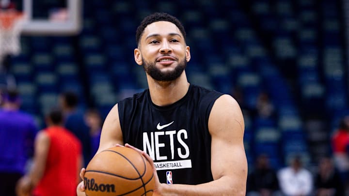 Jan 6, 2023; New Orleans, Louisiana, USA;  Brooklyn Nets guard Ben Simmons (10) during warm ups before the game against the New Orleans Pelicans at Smoothie King Center. Mandatory Credit: Stephen Lew-Imagn Images