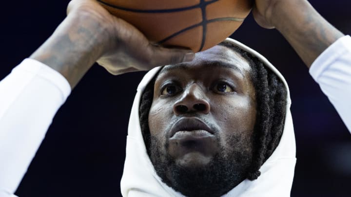 Feb 1, 2023; Philadelphia, Pennsylvania, USA; Philadelphia 76ers center Montrezl Harrell warms up before action against the Orlando Magic at Wells Fargo Center. Mandatory Credit: Bill Streicher-USA TODAY Sports