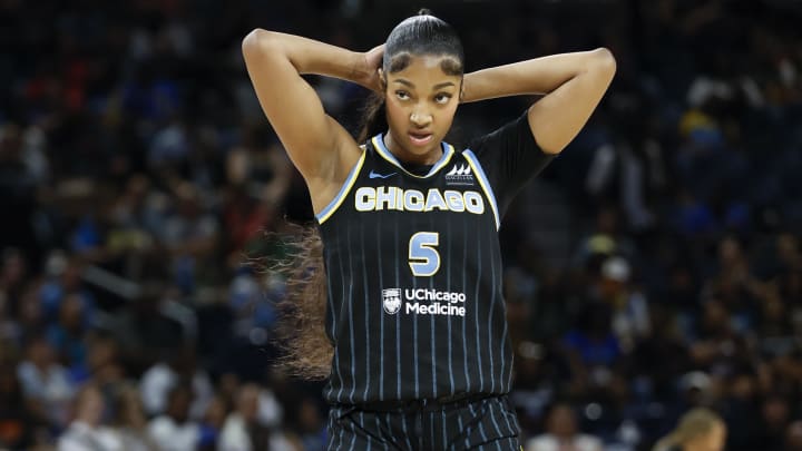 Aug 25, 2024; Chicago, Illinois, USA; Chicago Sky forward Angel Reese (5) walks on the court during the first half at Wintrust Arena. 