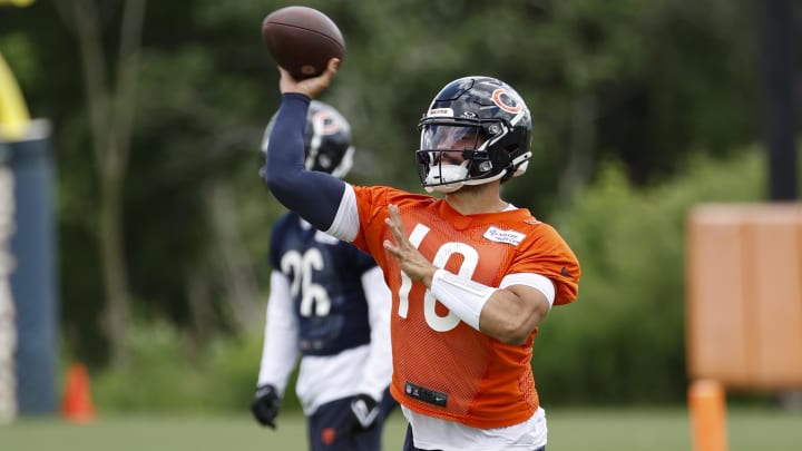 Jun 5, 2024; Lake Forest, IL, USA; Chicago Bears quarterback Caleb Williams (18) passes the ball during the team's minicamp at Halas Hall. 