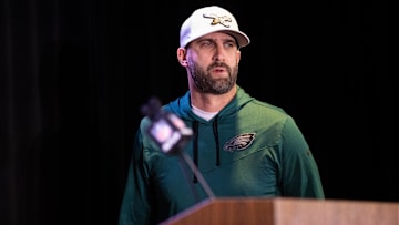 Feb 4, 2025; New Orleans, LA, USA; Philadelphia Eagles head coach Nick Sirianni takes the podium for a press conference at Hilton New Orleans Riverside.