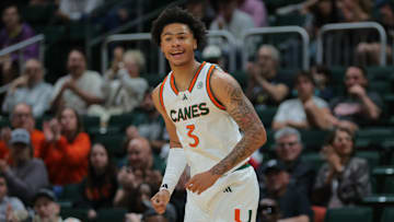 Dec 21, 2024; Coral Gables, Florida, USA; Miami Hurricanes guard Jalil Bethea (3) reacts after scoring against the Mount St. Mary's Mountaineers during the first half at Watsco Center. Mandatory Credit: Sam Navarro-Imagn Images