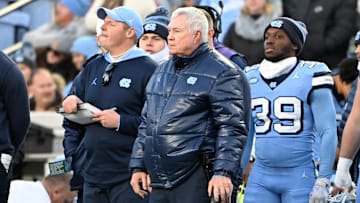 Nov 30, 2024; Chapel Hill, North Carolina, USA; North Carolina Tar Heels head coach Mack Brown on the sidelines in the second quarter at Kenan Memorial Stadium. Mandatory Credit: Bob Donnan-Imagn Images