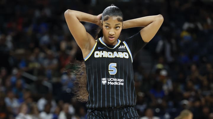 Aug 25, 2024; Chicago, Illinois, USA; Chicago Sky forward Angel Reese (5) walks on the court during the first half at Wintrust Arena. Mandatory Credit: Kamil Krzaczynski-USA TODAY Sports