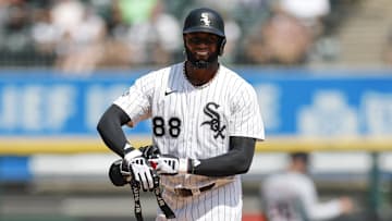 Aug 13, 2025; Chicago, Illinois, USA; Chicago White Sox center fielder Luis Robert Jr. (88) reacts after hitting a double against the Detroit Tigers during the fifth inning at Rate Field. Mandatory Credit: Kamil Krzaczynski-Imagn Images