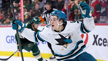 Oct 26, 2025; Saint Paul, Minnesota, USA; San Jose Sharks center Macklin Celebrini (71) celebrates his game winning overtime goal against the Minnesota Wild at Grand Casino Arena. Mandatory Credit: Matt Krohn-Imagn Images