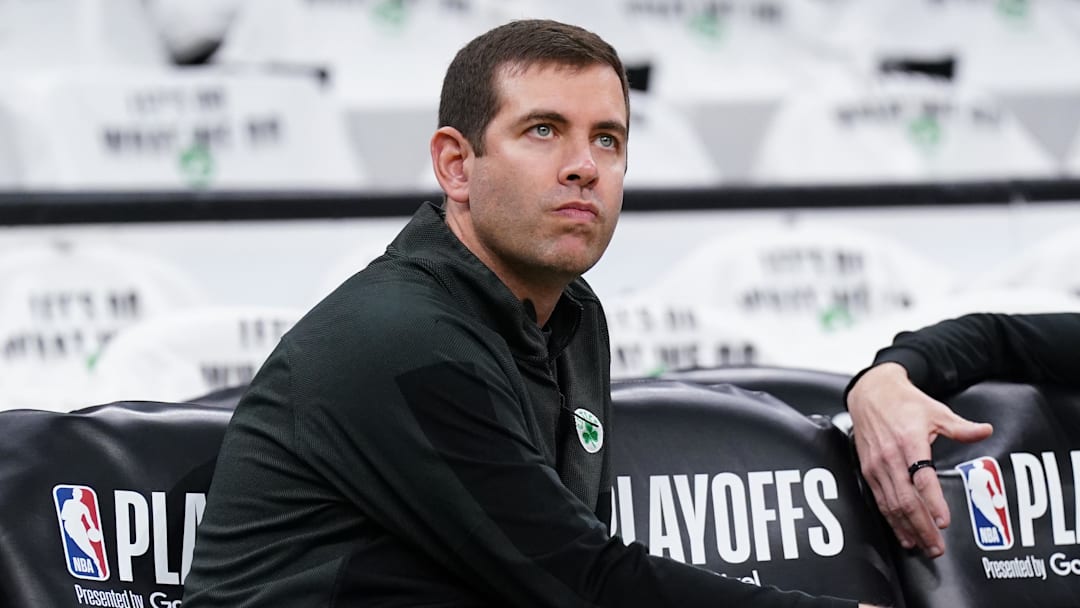 Apr 17, 2022; Boston, Massachusetts, USA; Boston Celtics President of Basketball Operations Brad Stevens
on the court sideline before the start of the first round against the Boston Celtics for the 2022 NBA playoffs at TD Garden. Mandatory Credit: David Butler II-Imagn Images