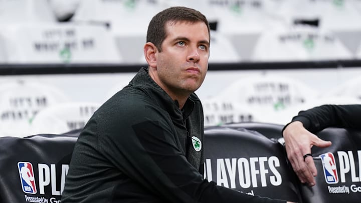 Apr 17, 2022; Boston, Massachusetts, USA; Boston Celtics President of Basketball Operations Brad Stevens
on the court sideline before the start of the first round against the Boston Celtics for the 2022 NBA playoffs at TD Garden. Mandatory Credit: David Butler II-Imagn Images