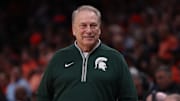 Mar 30, 2025; Atlanta, GA, USA; Michigan State Spartans head coach Tom Izzo during the first half in the South Regional final of the 2025 NCAA tournament against the Auburn Tigers at State Farm Arena.