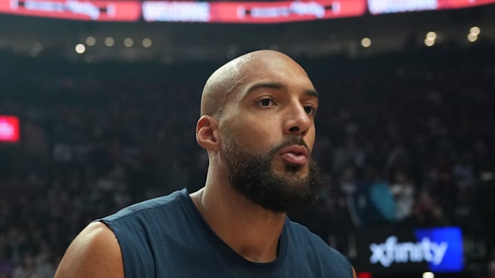 Feb 24, 2026; Portland, Oregon, USA; Minnesota Timberwolves center Rudy Gobert (27) is introduced before the game against the Portland Trail Blazers at Moda Center. Mandatory Credit: Soobum Im-Imagn Images