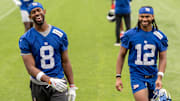 New York Giants WRs Beaux Collins (left) and Jordan Bly share a laugh after practice at Quest Diagnostics Giants Training Center, East Rutherford, NJ, May 28, 2025.