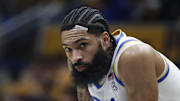 Feb 3, 2025; Pittsburgh, Pennsylvania, USA;  Pittsburgh Panthers guard Damian Dunn (1) looks on against the Virginia Cavaliers during the second half at the Petersen Events Center. Mandatory Credit: Charles LeClaire-Imagn Images