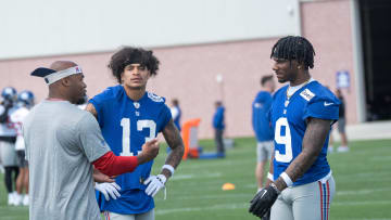 Right, Steve Smith, a former pro bowl NFL wide receiver, works with wide receivers Jalin Hyatt and Malik Nabers. The NY Giants NFL team held an organized team activity at their training facility in East Rutherford, NJ on Thursday May 30, 2024.