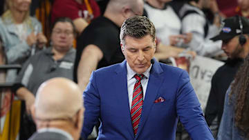 The ESPN College GameDay crew Rece Davis talks during live broadcast ahead of the game between the Iowa State Cyclone and TCU Horned Frogs at Hilton Coliseum on Feb. 8, 2025 in Ames, Iowa