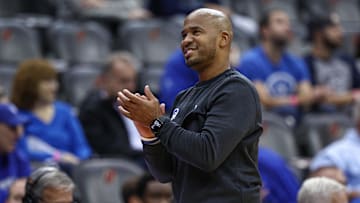 Nov 4, 2024; Newark, New Jersey, USA; Seton Hall Pirates head coach Shaheen Holloway reacts during the first half against the St. Peter's Peacocks at Prudential Center.