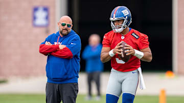 Head coach Brian Daboll and Russell Wilson, quarterback with the NY Giants, are shown during practice at Quest Diagnostics Training Center, East Rutherford, NJ, May 28, 2025.