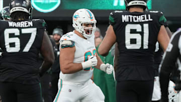 East Rutherford, NJ     November 24, 2023 -- Zach Sieler of Miami after sacking Jets quarterback Tim