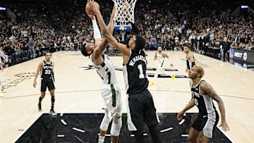 Jan 4, 2024; San Antonio, Texas, USA; Milwaukee Bucks forward Giannis Antetokounmpo (34) shoots over San Antonio Spurs forward Victor Wembanyama (1) during the second half at Frost Bank Center. Mandatory Credit: Scott Wachter-Imagn Images