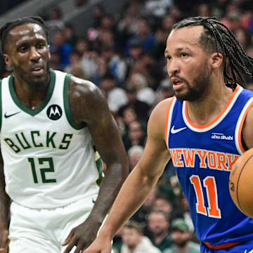 Oct 28, 2025; Milwaukee, Wisconsin, USA; New York Knicks guard Jalen Brunson (11) looks for a shot against Milwaukee Bucks guard Taurean Prince (12) in the second quarter at Fiserv Forum. Mandatory Credit: Benny Sieu-Imagn Images
