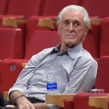 Dec 6, 2021; Miami, Florida, USA; Miami Heat president Pat Riley sits in the arena prior to the game between the Miami Heat and the Memphis Grizzlies at FTX Arena. Mandatory Credit: Jasen Vinlove-Imagn Images