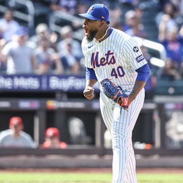 Sep 8, 2024; New York City, New York, USA;  New York Mets starting pitcher Luis Severino (40) reacts after retiring the side in the fifth inning against the Cincinnati Reds at Citi Field. Mandatory Credit: Wendell Cruz-Imagn Images