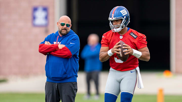 Head coach Brian Daboll and Russell Wilson, quarterback with the NY Giants, are shown during practice at Quest Diagnostics Training Center, East Rutherford, NJ, May 28, 2025.