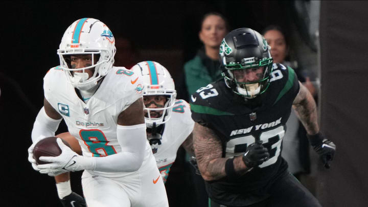 East Rutherford, NJ          November 24, 2023 -- Jevon Holland of Miami returned this interception for a 100 yard TD in the first half as the Miami Dolphins defeated the NY Jets 34-13 at MetLife Stadium on November 24, 2023 in East Rutherford, NJ to play in the first Black Friday NFL game.