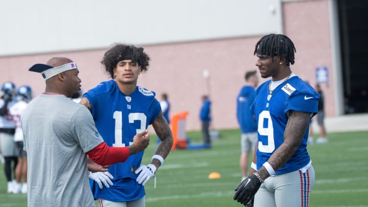 Right, Steve Smith, a former Pro Bowl NFL wide receiver, works with wide receivers Jalin Hyatt and Malik Nabers. The NY Giants NFL team held an organized team activity at their training facility in East Rutherford, NJ, on Thursday, May 30, 2024.