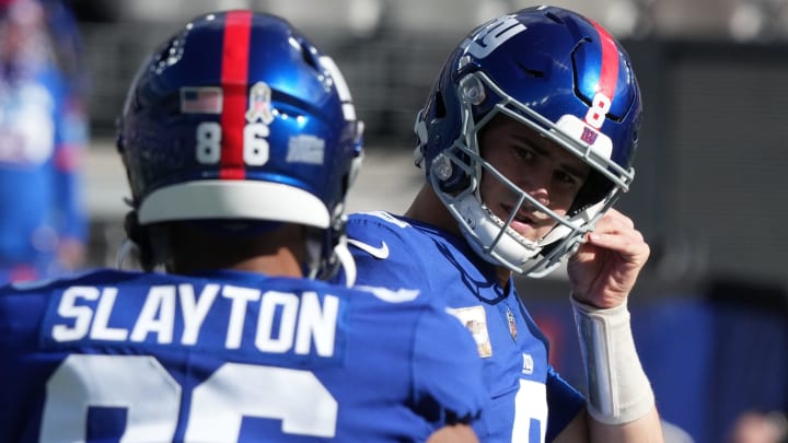 Darius Slayton and Daniel Jones of the Giants during warm-ups prior to the Houston Texans at the New York Giants in a game played at MetLife Stadium in East Rutherford, NJ, on November 13, 2022. 