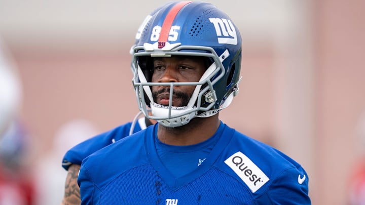 Chris Manhertz, tight end with the NY Giants, is shown during practice at Quest Diagnostics Training Center, East Rutherford, NJ, May 28, 2025.