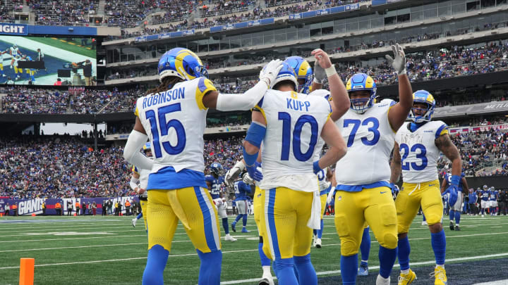 East Rutherford, NJ     December 31, 2023 -- The Rams offense celebrates their second TD of the first half scored by Cooper Kupp of the RamsThe New York Giants host the Los Angeles Rams on December 31, 2023 at at MetLife Stadium in East Rutherford, NJ.