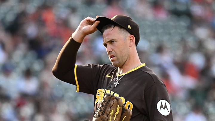 Jun 13, 2026; Baltimore, Maryland, USA;  San Diego Padres pitcher Jason Adam (40) looks on during the eighth inning against the Baltimore Orioles at Oriole Park at Camden Yards. Mandatory Credit: James A. Pittman-Imagn Images