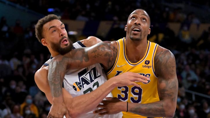 Jan 17, 2022; Los Angeles, California, USA;  Los Angeles Lakers center Dwight Howard (39) tangles