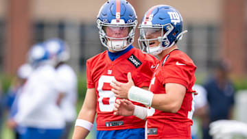 NY Giants quarterbacks Jaxson Dart and Tommy DeVito are shown during a practice at Quest Diagnostics Training Center.