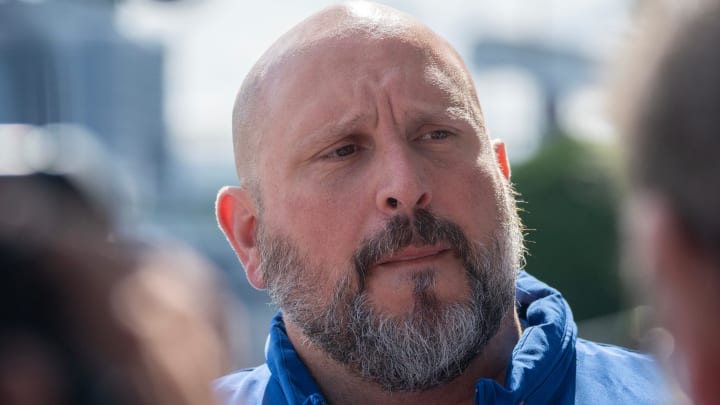 Offensive Line Coach Carmen Bricillo, of the NY Giants NFL team at an organized team activity at their training facility in East Rutherford, NJ on Thursday May 30, 2024.